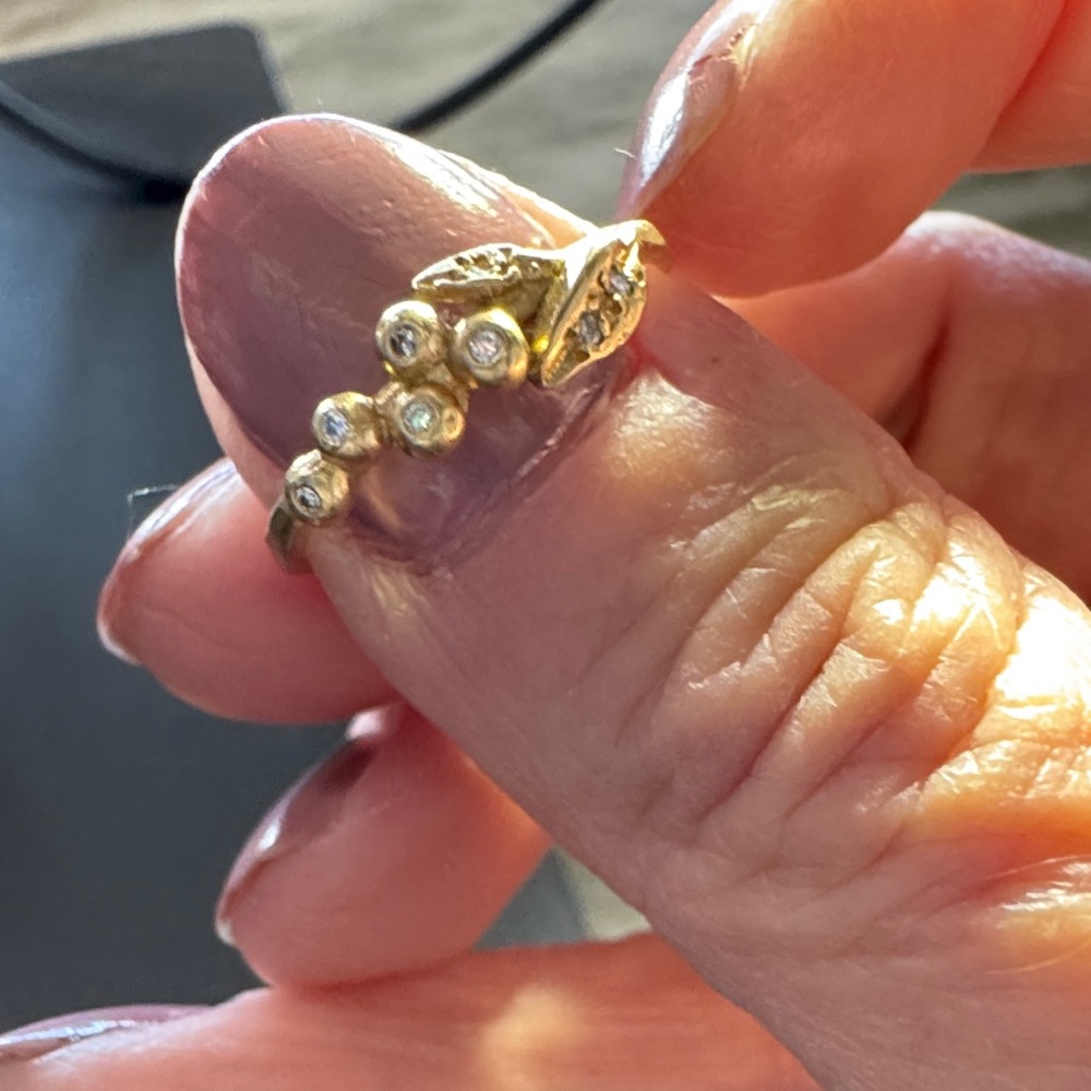 Victoria Cunningham 14K gold and diamond leaf and berry stack ring New